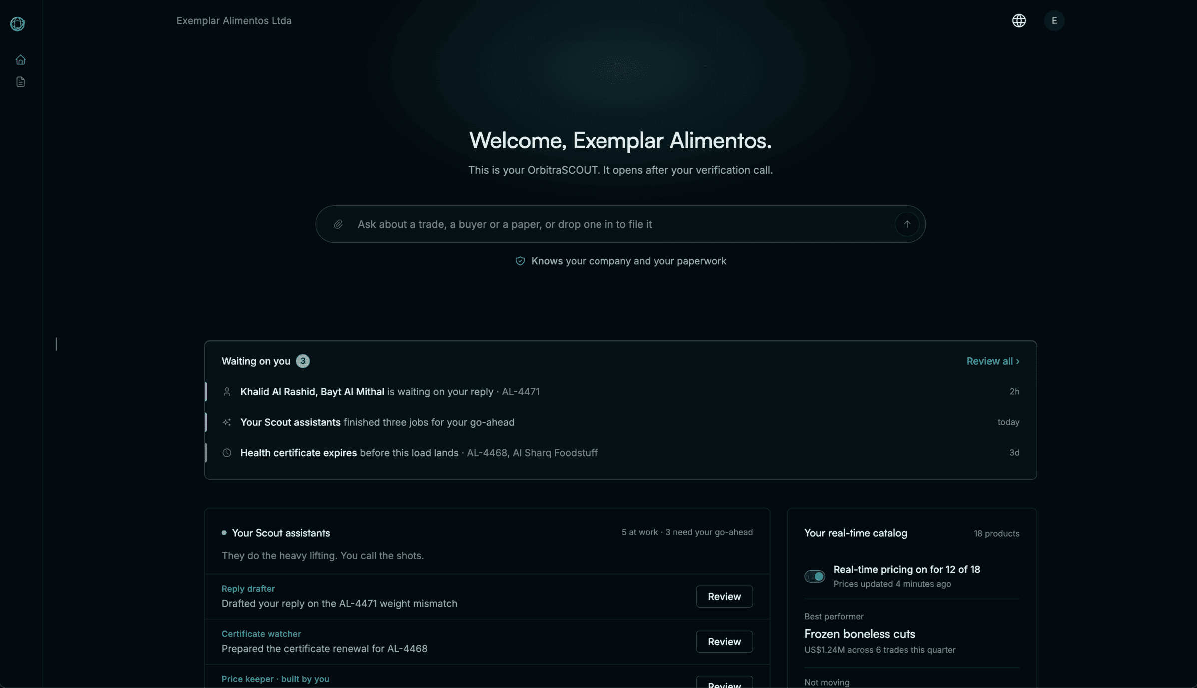 The OrbitraSCOUT workspace, showing a welcome panel, a Waiting on you list, the Scout assistants panel and a real-time catalogue.